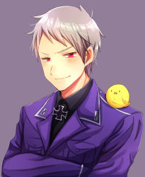 Rule 34 | 1boy, axis powers hetalia, bird, clothes, coat, grin, highres, jacket, looking at viewer, male focus, military, military uniform, prussia (hetalia), purple eyes, short hair, simple background, smile, solo, uniform, white hair