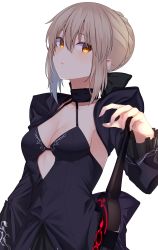 Rule 34 | 1girl, absurdres, ahoge, artoria pendragon (all), artoria pendragon (fate), black dress, blonde hair, braid, breasts, cleavage, commentary request, dress, excalibur morgan (fate), fate/grand order, fate (series), hair between eyes, hair ribbon, highres, jun (aousa0328), looking at viewer, medium breasts, ribbon, saber alter, short hair, simple background, solo, sword, weapon, white background, yellow eyes