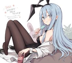 Rule 34 | 1girl, 2023, bare shoulders, black pantyhose, blue hair, dr pepper, food, hamigakikoice, happy new year, highres, leotard, looking at viewer, new year, original, pantyhose, playboy bunny, popsicle, shirt, shoes, unworn shoes, sitting, solo, white shirt