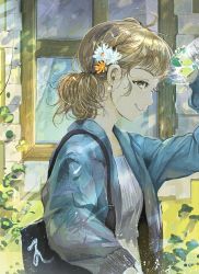 Rule 34 | 1girl, bag, bayashiko, blonde hair, blue jacket, bottle, brown eyes, commentary, daisy, day, earrings, english commentary, flower, from side, hair flower, hair ornament, holding, jacket, jewelry, looking at viewer, looking to the side, open clothes, open jacket, orange flower, original, outdoors, shirt, shoulder bag, sideways mouth, smile, solo, standing, water bottle, white flower, white shirt, window