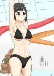 Rule 34 | 1girl, absurdres, armpits, arms up, arucaxis, bikini, black bikini, black eyes, black hair, breasts, closed mouth, collarbone, feet out of frame, gluteal fold, hands out of frame, highres, medium breasts, medium hair, navel, original, palm tree, people, pool, solo focus, swimsuit, thighs, tree, water, water slide, waterpark