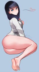 Rule 34 | 1girl, ass, barefoot, black hair, blue eyes, blush, bottomless, breasts, breasts out, feet, full body, gridman universe, highres, long hair, looking at viewer, looking back, lying, medium breasts, nipples, on side, scathegrapes, soles, solo, ssss.gridman, takarada rikka, toes
