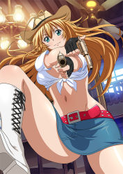 Rule 34 | 00s, 1girl, aiming, aiming at viewer, antenna hair, aqua eyes, belt, black gloves, blonde hair, blue skirt, blush, boots, breasts, cowboy hat, cross-laced footwear, dual wielding, fingerless gloves, firing at viewer, from below, front-tie top, gloves, groin, gun, hat, holding, holding gun, holding weapon, ikkitousen, indoors, knee boots, lace-up boots, long hair, looking at viewer, midriff, navel, pointing, pointing at viewer, shiny skin, shirt, skirt, smile, solo, sonsaku hakufu, tied shirt, weapon, white footwear, white shirt