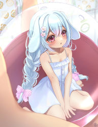 Rule 34 | 1girl, animal ears, barefoot, blue hair, bontan 02, bow, braid, breasts, capsule, dress, gashapon, hair bow, hair ornament, highres, in container, long hair, low-tied long hair, mini person, minigirl, original, rabbit ears, rabbit girl, red eyes, ribbon, sitting, small breasts, sundress, thighs, toes, twin braids, v arms, very long hair, white dress