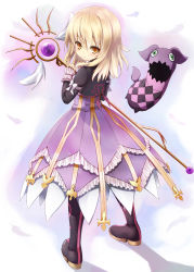 Rule 34 | 1girl, blonde hair, boots, bow, creature, cropped jacket, dress, elize lutus, frills, frown, full body, highres, looking back, purple footwear, ribbon, short hair, shuuichi (gothics), staff, tales of (series), tales of xillia, teepo (tales), yellow eyes