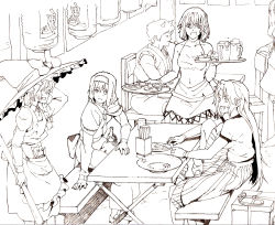 Rule 34 | 1boy, 4girls, alcohol, alice margatroid, beer, brown theme, food, graphite (medium), grin, hat, highres, horns, hoshiguma yuugi, kirisame marisa, mizuhashi parsee, monochrome, mtmy, multiple girls, oni, pointy ears, restaurant, shanghai doll, single horn, smile, table, touhou, traditional media, witch, witch hat