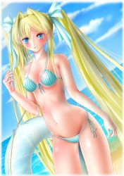 Rule 34 | 1girl, absurdres, beach, bikini, blonde hair, blue eyes, day, front-tie top, highres, innertube, long hair, md5 mismatch, miharin, original, outdoors, resolution mismatch, side-tie bikini bottom, solo, source smaller, striped bikini, striped clothes, swim ring, swimsuit, twintails, very long hair