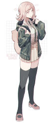 Rule 34 | ..., 1girl, :o, ?, absurdres, backpack, bag, black thighhighs, brown hair, brown skirt, commentary request, danganronpa (series), danganronpa 2: goodbye despair, dress shirt, full body, green jacket, green shirt, green thighhighs, grey background, hands up, highres, hood, hooded jacket, index finger raised, jacket, long sleeves, medium hair, nanami chiaki, neck ribbon, no hair ornament, open clothes, open jacket, open mouth, pink bag, pink footwear, pink ribbon, pleated skirt, ribbon, rirene rn, shirt, shirt tucked in, skirt, solo, teeth, thighhighs, two-tone shirt, upper teeth only, white shirt, zettai ryouiki