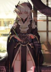 Rule 34 | 1girl, absurdres, architecture, black kimono, dragon, dragon girl, dragon horns, east asian architecture, eastern dragon, fate/grand order, fate (series), highres, holding, horns, indoors, japanese clothes, kimono, kiyohime (fate), kiyohime (third ascension) (fate), long hair, obi, pelvic curtain, sash, solo, standing, sunlight, thighhighs, white hair, white thighhighs, wide sleeves, xkirara39x