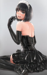 Rule 34 | 1boy, ameya, back, backless outfit, black dress, black footwear, black gloves, black hair, black thighhighs, blush, commentary request, corset, detached collar, dress, elbow gloves, frilled dress, frills, gloves, grey background, grey eyes, hand up, head tilt, high heels, highres, latex, latex dress, latex gloves, latex legwear, looking at viewer, looking back, maid, maid headdress, male masturbation, masturbation, open mouth, original, shadow, shiny clothes, shiny skin, short dress, short hair, simple background, sitting, solo, strapless, strapless dress, sweatdrop, teeth, thighhighs, trap, upper teeth only, wariza