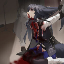 Rule 34 | 2girls, 3boys, animal ears, arknights, black hair, black pantyhose, black vest, blood, blue gloves, blue necktie, blue shorts, boots, breasts, corpse, decapitation, empty eyes, execution, fingerless gloves, gloves, guro, linjia kaidi, long hair, long sleeves, lowres, medium breasts, multiple boys, multiple girls, necktie, nosebleed, paid reward available, pantyhose, restrained, severed head, shirt, shorts, sitting, solo focus, sora (arknights), sora (melodiosa) (arknights), tail, texas (arknights), texas the omertosa (arknights), vest, wariza, white footwear, white shirt, wolf ears, wolf girl, wolf tail, yellow eyes