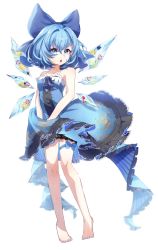 Rule 34 | 1girl, alternate costume, ametama (runarunaruta5656), barefoot, blue bow, blue dress, blue eyes, bow, center frills, cirno, commentary, dress, food, frilled dress, frills, fruit, full body, hair bow, highres, ice, ice wings, lemon, lime (fruit), looking at viewer, open mouth, orange (fruit), short hair, simple background, sleeveless, sleeveless dress, snowflake print, solo, standing, strawberry, symbol-only commentary, touhou, white background, wings