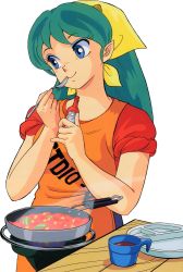 Rule 34 | 1girl, apron, blue eyes, bottle, clothes writing, cooking, cup, eyeshadow, green hair, holding, holding bottle, holding spoon, horns, long hair, lum, makeup, oni, pointy ears, sleeves rolled up, smile, solo, spatula, spoon, steam, stove, table, transparent background, urusei yatsura