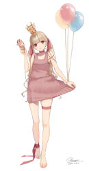 Rule 34 | 1girl, ankle ribbon, balloon, barefoot, blonde hair, blunt bangs, clothes lift, crown, food, full body, hair ribbon, highres, holding, holding food, holding ice cream, ice cream, ice cream cone, leg ribbon, long hair, mini crown, nana mikoto, original, red eyes, ribbon, simple background, sleeveless, sleeveless sweater, smile, solo, strap slip, sweater, thigh strap, tongue, tongue out, twintails, very long hair, white background, white hair