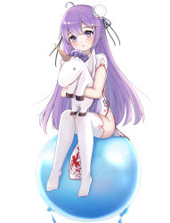 Rule 34 | 1girl, absurdres, ahoge, ass, azur lane, blunt bangs, china dress, chinese clothes, commentary request, hugging doll, dress, eyes visible through hair, groin, hair bun, hair ornament, hairclip, head tilt, highres, long hair, looking at viewer, no shoes, hugging object, on ball, one side up, parted lips, purple eyes, purple hair, reikyou, side bun, sidelocks, simple background, single hair bun, single side bun, sitting, solo, stuffed animal, stuffed toy, thighhighs, unicorn (azur lane), unicorn (the gift of spring) (azur lane), white dress, white thighhighs