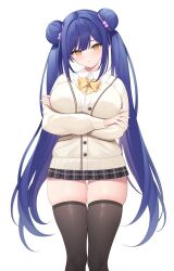 Rule 34 | 1girl, arm under breasts, black thighhighs, blue hair, blush, breasts, brown eyes, character request, copyright request, double bun, hair bun, large breasts, long hair, looking at viewer, miko (royal milk), miniskirt, school uniform, skirt, solo, thighhighs, white background