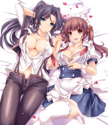 Rule 34 | 2girls, apron, arm behind head, bed sheet, black hair, blue panties, bra, breasts, brown hair, buttons, character request, cleavage, headdress, highres, holding hands, interlocked fingers, jacket, lace, lace-trimmed bra, lace trim, large breasts, long hair, looking at viewer, lying, maid headdress, monety, multiple girls, navel, no bra, on back, open clothes, open jacket, open mouth, panties, pants, petals, pillow, ponytail, scrunchie, smile, suspenders, thighhighs, twintails, unbuttoned, underwear, waist apron, white bra, white legwear, wrist cuffs