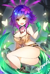 Rule 34 | 1girl, ass, blue hair, breasts, butaros, cleavage, fangs, flower, hair flower, hair ornament, highres, jewelry, large breasts, league of legends, legs, lizard tail, multicolored hair, necklace, neeko (league of legends), open mouth, purple hair, reptile girl, short hair, smile, solo, tail, yellow eyes