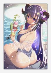 Rule 34 | 1girl, absurdres, ass, back, border, breasts, cafe sorcellerie, cantaloupe, cleavage, closed mouth, collarbone, commentary request, cup, food, fruit, hair between eyes, hair ornament, highres, holding, holding cup, holding spoon, horns, ice cream, ichihachiyon, large breasts, long hair, looking at viewer, mole, mole under eye, one-piece swimsuit, parfait, pool, poolside, purple eyes, purple hair, purple one-piece swimsuit, rizel (vtuber), see-through, see-through shirt, sitting, smile, solo, spoon, star (symbol), star hair ornament, stone floor, strawberry, swimsuit, swimsuit cover-up, thighs, twisted torso, virtual youtuber