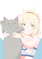 Rule 34 | 1girl, animal, bandeau, blonde hair, blush, braid, cat, fang, fate (series), french braid, green eyes, highres, holding, holding animal, messy hair, mordred (fate), mordred (fate/apocrypha), mordred (memories at trifas) (fate), mozu (peth), red scrunchie, scrunchie, smile