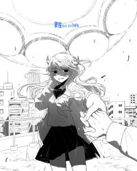 Rule 34 | 1girl, 1other, ambiguous gender, building, cardigan, cardigan partially removed, cityscape, cowboy shot, floating hair, gitefusu, greyscale, grin, half-closed eyes, hand grab, hand in own hair, hand up, highres, horns, isei ni ikou ne (cevio), light blush, long hair, long sleeves, looking at viewer, monochrome, neckerchief, open cardigan, open clothes, outdoors, pleated skirt, pov, pov hands, rooftop, sailor collar, school uniform, serafuku, shaded face, skirt, smile, solid eyes, song name, standing, swept bangs, translated, ufo, wind, wind lift