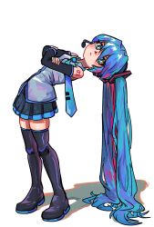 Rule 34 | 1girl, aqua eyes, aqua necktie, arm tattoo, bare shoulders, black footwear, black skirt, black sleeves, blue hair, boots, collared shirt, commentary, commentary request, crossed arms, detached sleeves, english commentary, eyebrows hidden by hair, frown, grey shirt, hair between eyes, hair ornament, hatsune miku, headset, highres, kimjdav, leaning back, long hair, long sleeves, looking at viewer, mixed-language commentary, multicolored hair, necktie, number tattoo, pink hair, pleated skirt, shadow, shirt, simple background, skirt, sleeveless, sleeveless shirt, sleeves past wrists, solo, standing, streaked hair, tattoo, thigh boots, thighhighs, twintails, two-tone hair, v-shaped eyebrows, very long hair, vocaloid, white background, zettai ryouiki