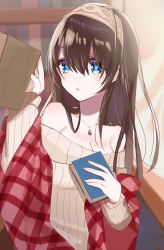 Rule 34 | 1girl, bad id, bad pixiv id, beige sweater, blue eyes, blurry, blurry background, blush, book, breasts, brown hair, cleavage, depth of field, hair between eyes, hairband, holding, holding book, idolmaster, idolmaster cinderella girls, jewelry, long hair, long sleeves, looking at viewer, medium breasts, misumi (macaroni), off-shoulder, off-shoulder sweater, off shoulder, parted lips, pendant, plaid, ribbed sweater, sagisawa fumika, shawl, solo, sweater, very long hair