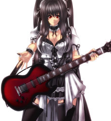 Rule 34 | 1girl, bad id, bad pixiv id, black hair, bow, breasts, cuffs, female focus, guitar, hair bow, instrument, juri (shiningred), long hair, original, red eyes, simple background, solo, thighhighs, twintails, white background, wrist cuffs