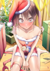 Rule 34 | 1girl, absurdres, bare legs, barefoot, blurry, blurry foreground, blush, brown eyes, brown hair, character doll, christmas, christmas tree, commentary, confetti, embarrassed, gradient hair, hat, highres, indoors, looking at viewer, multicolored hair, original, pink hair, rinku (rin9), santa costume, santa hat, sitting, solo, spaghetti strap, strap slip, twintails, two-tone hair, wariza