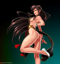 Rule 34 | 1girl, absurdres, alternate hair length, alternate hairstyle, arteslav, ass, backless dress, backless outfit, bare legs, black dress, bracelet, braid, breasts, brown eyes, brown hair, capcom, china dress, chinese clothes, chun-li, commentary, dress, flats, halter dress, halterneck, hand on own hip, highres, jewelry, leg lift, lipstick, long hair, makeup, medium breasts, narrow waist, no bra, no panties, nose, official alternate costume, pelvic curtain, pinup (style), side braid, solo, spiked bracelet, spikes, street fighter, street fighter v, thick thighs, thighs, twin braids, very long hair, white footwear