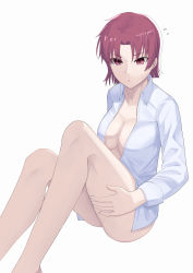 Rule 34 | 1girl, absurdres, bazett fraga mcremitz, breasts, cleavage, collared shirt, dress shirt, fate/hollow ataraxia, fate (series), highres, knees up, large breasts, legs, long sleeves, looking at viewer, natu zame, parted bangs, red eyes, red hair, shirt, short hair, sitting, solo, white shirt