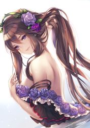 Rule 34 | 1girl, aoi (kirabosi105), back, bare shoulders, blush, breasts, brown hair, commentary request, dress, flower, granblue fantasy, hair between eyes, hair flower, hair ornament, hairband, hand in own hair, hand up, highres, holding, holding own hair, jewelry, large breasts, long hair, looking at viewer, off shoulder, purple eyes, purple flower, purple rose, ripples, rose, rosetta (granblue fantasy), shoulder blades, sidelocks, smile, solo, very long hair, wading