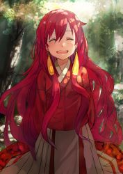 Rule 34 | 1girl, :d, ^ ^, akatsuki no yona, bad id, bad pixiv id, blush, closed eyes, curly hair, earrings, happy, highres, jewelry, korean clothes, leaf, long hair, object spring, open mouth, red hair, smile, solo, tassel, tassel earrings, tree, tree shade, very long hair, wavy hair, yona (akatsuki no yona)