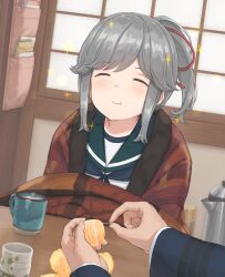 Rule 34 | 1boy, 1girl, ^ ^, admiral (kancolle), blue sailor collar, closed eyes, commentary request, cup, dotera (clothes), dutch angle, eating, food, fruit, grey hair, hair ribbon, hayashi naoharu, highres, holding, holding food, kantai collection, kettle, kotatsu, long hair, mandarin orange, open mouth, partial commentary, ponytail, pov, pov hands, red ribbon, ribbon, sailor collar, school uniform, serafuku, solo focus, sparkle, table, usugumo (kancolle), yunomi