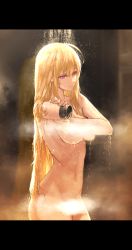 Rule 34 | 1girl, amputee, blonde hair, blurry, blurry background, breasts, collarbone, commentary, completely nude, depth of field, dishwasher1910, from side, hair between eyes, large breasts, letterboxed, light censor, long hair, looking away, navel, nude, parted lips, purple eyes, rwby, sidelocks, solo, standing, very long hair, water, yang xiao long