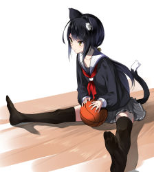 Rule 34 | 1girl, animal ears, ball, basketball, basketball (object), bell, black hair, black shirt, black thighhighs, cat ears, cat girl, cat tail, closed mouth, collarbone, commentary request, full body, grey skirt, hair bell, hair between eyes, hair ornament, highres, jingle bell, long hair, long sleeves, looking away, low ponytail, neckerchief, no shoes, nuqura, original, pleated skirt, ponytail, red neckerchief, school uniform, serafuku, shirt, sidelocks, sitting, skirt, soles, solo, spread legs, tail, thighhighs, very long hair, white background, wooden floor, yellow eyes