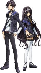 Rule 34 | 1boy, 1girl, arm at side, artist request, belt, black capelet, black choker, black footwear, black hair, black pants, black skirt, blue eyes, capelet, choker, closed mouth, code geass, code geass: lost stories, collared shirt, dual persona, frilled hairband, frills, full body, game cg, garter straps, hairband, jacket, layered sleeves, long hair, long sleeves, looking at viewer, mario disel, maya disel, miniskirt, necktie, non-web source, official art, open clothes, open jacket, pants, pleated skirt, shirt, shoes, short hair, sidelocks, simple background, skirt, standing, symmetry, thighhighs, transparent background, v-neck, very long hair, white hairband, white shirt, white thighhighs, yellow necktie, zettai ryouiki