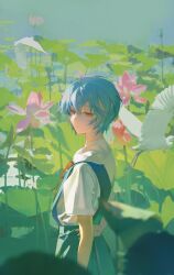 Rule 34 | 1girl, absurdres, arm behind back, ayanami rei, bird, blue dress, blue hair, cowboy shot, day, dress, expressionless, flower, from side, highres, ka101, looking at viewer, lotus, lotus leaf, neck ribbon, neon genesis evangelion, outdoors, pinafore dress, pink flower, red eyes, red ribbon, ribbon, scenery, school uniform, shirt, short hair, short sleeves, sleeveless, sleeveless dress, solo, standing, tokyo-3 middle school uniform, white bird, white shirt