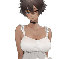Rule 34 | 1girl, breasts, brown hair, cleavage, closed mouth, dark-skinned female, dark skin, dress, hair between eyes, large breasts, looking at viewer, micchan (ohisashiburi), ohisashiburi, original, paid reward available, red eyes, paid reward available, short hair, simple background, solo, tsurime, upper body, white background, white dress
