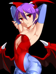 Rule 34 | 1girl, animal print, armpits, arms up, bad id, bad nijie id, bare shoulders, bat print, bat wings, black background, blue pantyhose, blush, bridal gauntlets, closed mouth, collarbone, commentary request, covered erect nipples, covered navel, cowboy shot, demon girl, flat chest, funnyari, head wings, leotard, lilith aensland, looking at viewer, pantyhose, print pantyhose, purple hair, red leotard, shiny skin, short hair, simple background, smile, solo, standing, vampire (game), wings