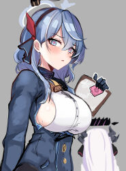 Rule 34 | 2girls, ako (blue archive), bell, black gloves, black hairband, blue archive, blue eyes, blue hair, blue halo, blue jacket, blush, breasts, condom, condom wrapper, gloves, grey background, hair between eyes, hairband, halo, heart, heart-shaped pupils, highres, hina (blue archive), jacket, large breasts, long hair, long sleeves, mini2chainz, multiple girls, neck bell, shirt, sideboob, simple background, symbol-shaped pupils, upper body, white hair, white shirt