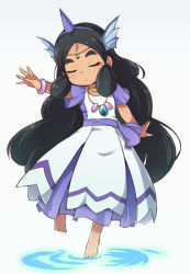 Rule 34 | 1girl, bangle, black hair, blush, bracelet, closed eyes, closed mouth, commentary request, creatures (company), dress, facing viewer, fake horns, game freak, gradient background, grey background, hairband, hapu (pokemon), head tilt, horns, island kahuna, jewelry, long hair, nekono rin, nintendo, outstretched arm, parted bangs, pokemon, pokemon sm, purple hairband, ripples, short sleeves, single horn, solo, standing, standing on one leg, thick eyebrows, very long hair, water, white background, white dress