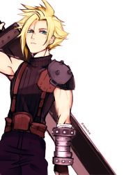 Rule 34 | 1boy, blonde hair, buster sword, closed mouth, cloud strife, final fantasy, final fantasy vii, gloves, highres, looking at viewer, male focus, motu0505, simple background, solo, spiked hair, sword, weapon, white background