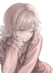 Rule 34 | 1girl, alternate costume, brown eyes, brown shirt, collared shirt, commentary, danganronpa (series), danganronpa 2: goodbye despair, dress shirt, flipped hair, grey background, hand on own face, hand up, highres, light brown hair, long sleeves, looking to the side, medium hair, muuyiie, nanami chiaki, one eye closed, parted lips, shirt, simple background, solo, symbol-only commentary, upper body