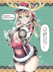 Rule 34 | 10s, 1girl, adapted costume, akaza, anchor hair ornament, antlers, blonde hair, blush, breasts, christmas, fur trim, german text, gloves, hair ornament, hat, horns, kantai collection, large breasts, long hair, long sleeves, looking at viewer, microskirt, military, military uniform, peaked cap, prinz eugen (kancolle), reindeer antlers, skirt, solo, thighhighs, translated, twintails, uniform, white gloves