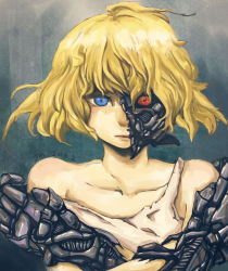 Rule 34 | 10s, 1girl, 2013, absurdres, blonde hair, blue eyes, cyborg, dated, heterochromia, highres, lips, red eyes, scp-191, scp foundation, short hair, solo, strap slip, tank top
