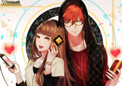 Rule 34 | 1boy, 1girl, 707 (susanghan messenger), bad id, bad pixiv id, bracelet, cellphone, glasses, heart, hood, hood up, hoodie, jewelry, layered clothes, logo, looking at another, looking at viewer, official art, persona92, phone, protagonist (susanghan messenger), red hair, red shirt, shirt, smartphone, smile, susanghan messenger, t-shirt, triangle, watermark, white shirt, yellow eyes
