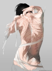 Rule 34 | 1boy, back, back focus, back tattoo, bandages, black hair, feathers, from behind, grey background, highres, leaf, male focus, original, partially colored, re degrees (red flagship), ribs, simple background, snake, solo, tattoo, topless male, upper body, watermark, web address