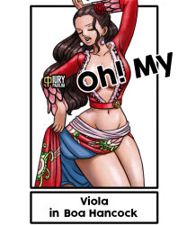 Rule 34 | 1girl, arms up, boa hancock, boa hancock (cosplay), breasts, brown hair, cleavage, cosplay, earrings, groin, iury padilha, jewelry, large breasts, long hair, midriff, one piece, open clothes, solo, thighs, viola (one piece), wide hips