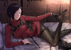 Rule 34 | 1girl, ada wong, belt, black footwear, black gloves, black hair, black pantyhose, bob cut, boots, breasts, brown eyes, closed mouth, dress, foot up, gloves, gun, handgun, holster, indoors, kyuuso inukami, large breasts, lips, looking at viewer, lying, on bed, on side, pantyhose, red sweater, resident evil, resident evil 4, resident evil 4 (remake), short hair, shoulder holster, single glove, single thigh boot, smile, solo, sweater, sweater dress, thigh belt, thigh boots, thigh strap, turtleneck, turtleneck sweater, unworn boots, unworn gloves, weapon